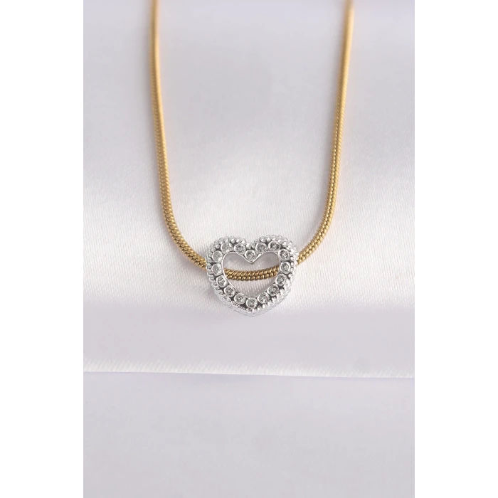 316L Çelik Zincir Altın Renk Zincirli Gümüş Renk Kalp Tasarımlı Kolye