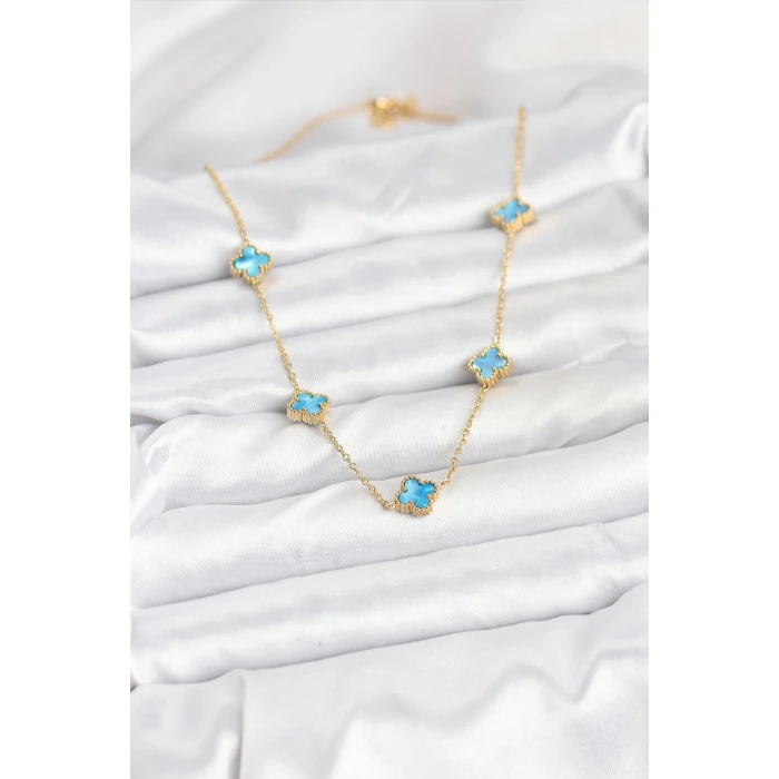 316L Çelik Zincir Gold Renk Buz Mavisi Baby Boy Yonca Kadın Kolye