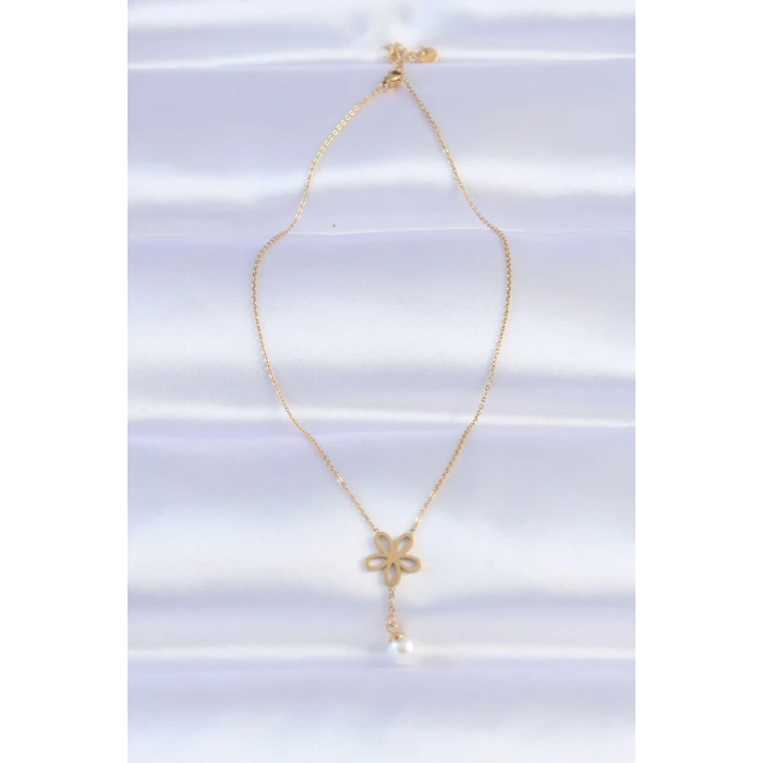 316L Çelik Zincir Gold Renk İnci Detay Çiçek Kolye