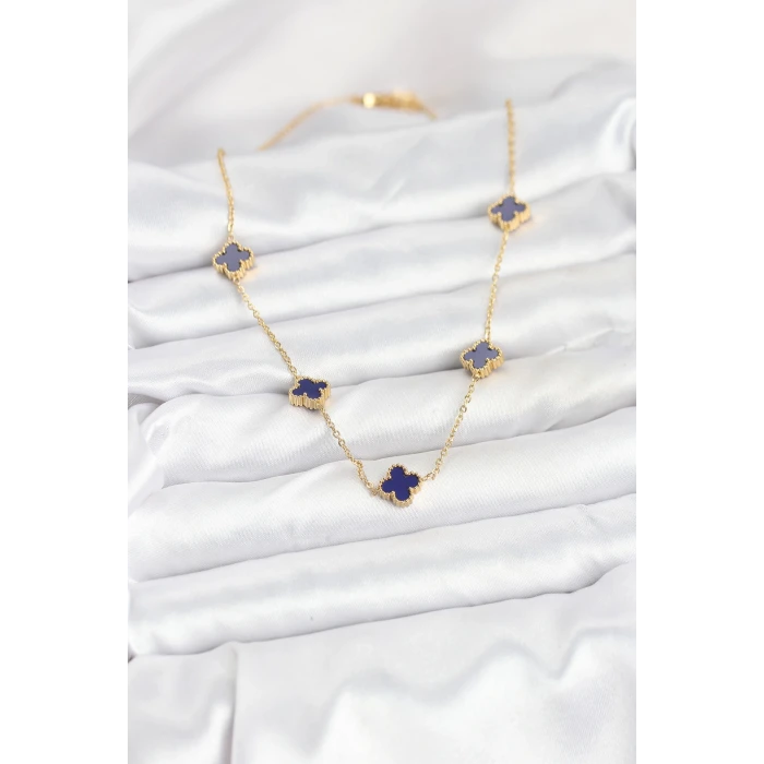 316L Çelik Zincir Gold Renk Lacivert Baby Boy Yonca Kadın Kolye