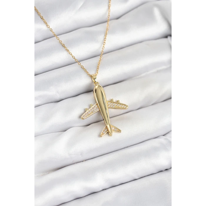 316L Çelik Zincir Gold Renk Uçak Model Kadın Kolye