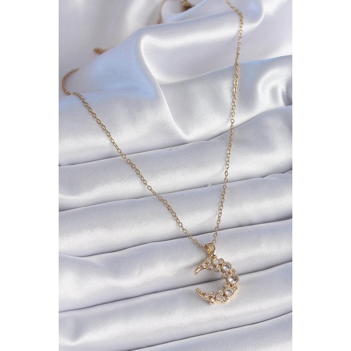 316L Çelik Zincir Gold Renk Zirkon Taşlı Hilal Model Kadın Kolye