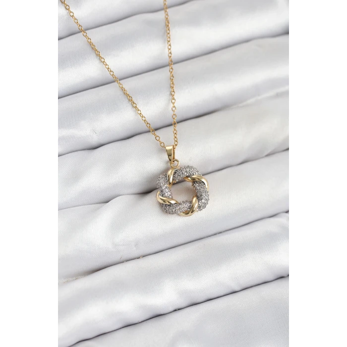 316L Çelik Zincir Gold Renk Zirkon Taşlı Sarmal Model Kadın Kolye