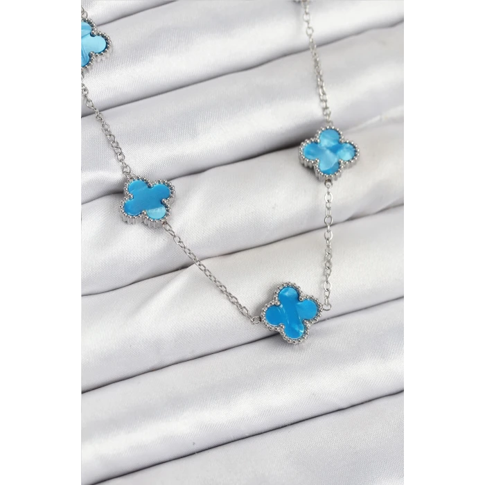 316L Çelik Zincir Gümüş Buz Mavisi Renk Yonca Kadın Kolye