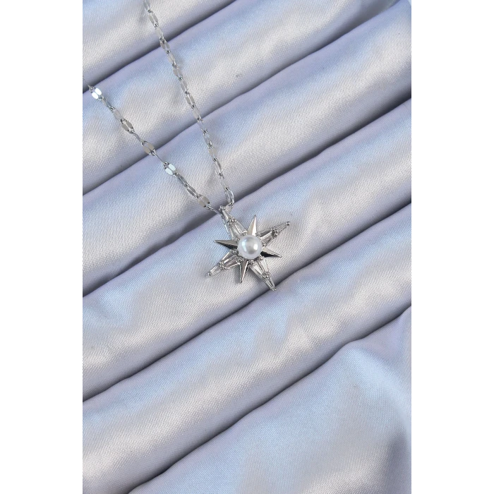 316L Çelik Zincir Gümüş Renk Baget Taşlı İnci Detay Kutup Yıldızı Kolye