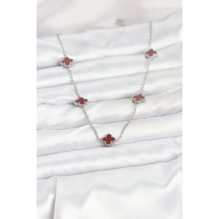 316L Çelik Zincir Gümüş Renk Bordo Baby Boy Yonca Kadın Kolye
