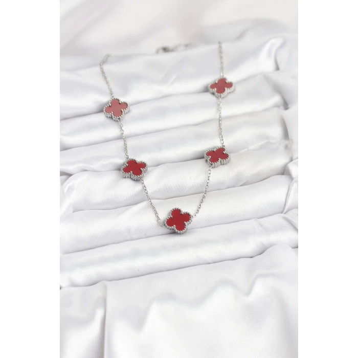 316L Çelik Zincir Gümüş Renk Bordo Renk Yonca Kadın Kolye