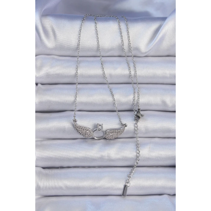 316L Çelik Zincir Gümüş Renk Kanatlı Tektaş Kolye