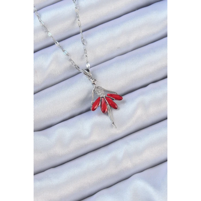 316L Çelik Zincir Gümüş Renk Kırmızı Etekli Zirkon Taşlı Balerin Kolye