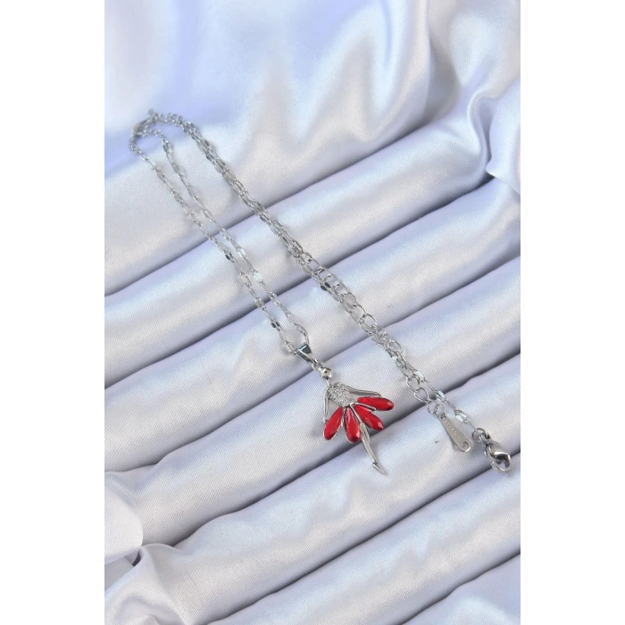 316L Çelik Zincir Gümüş Renk Kırmızı Etekli Zirkon Taşlı Balerin Kolye