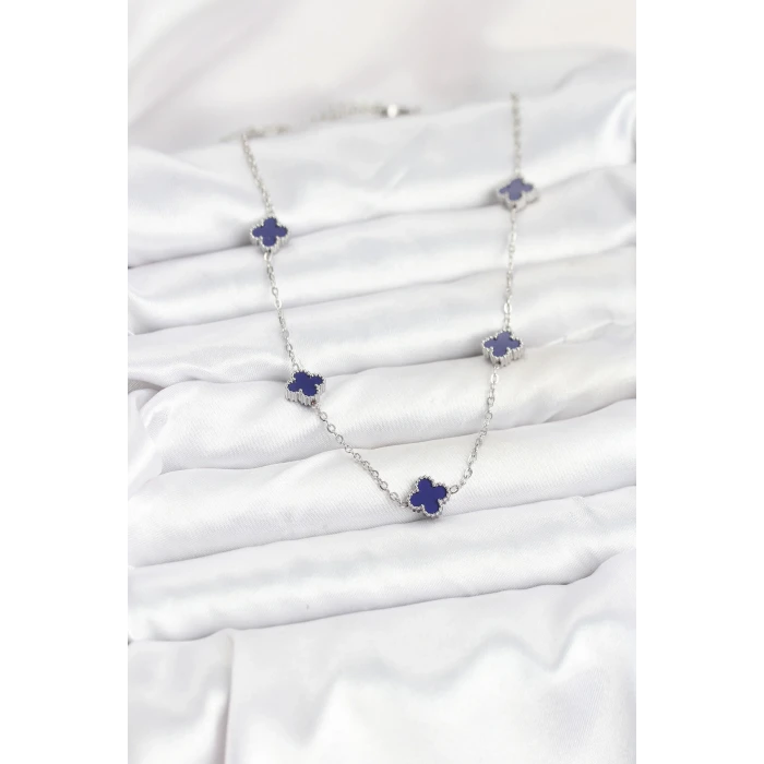 316L Çelik Zincir Gümüş Renk Lacivert Baby Boy Yonca Kadın Kolye