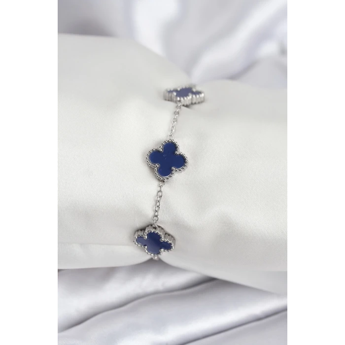 316L Çelik Zincir Gümüş Renk Lacivert Yonca Kadın Bileklik