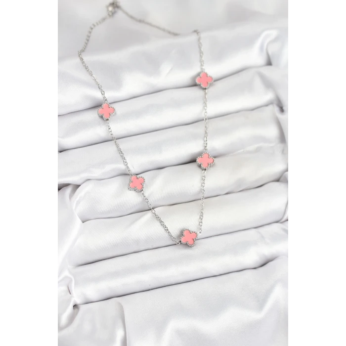 316L Çelik Zincir Gümüş Renk Pembe Baby Boy Yonca Kadın Kolye
