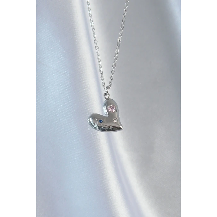 316L Çelik Zincir Gümüş Renk Renkli Zirkon Taşlı Kalp Kolye