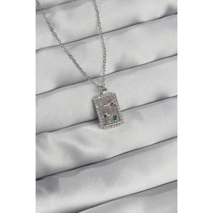 316L Çelik Zincir Gümüş Renk Renkli Zirkon Taşlı Vintage Kolye