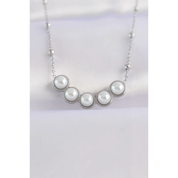 316L Çelik Zincir Gümüş Renk Sıralı İnci Taşlı Kolye