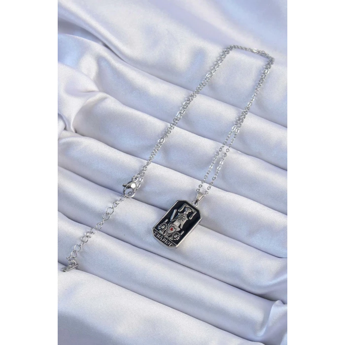 316L Çelik Zincir Gümüş Renk Siyah Mineli Tarot Kolye