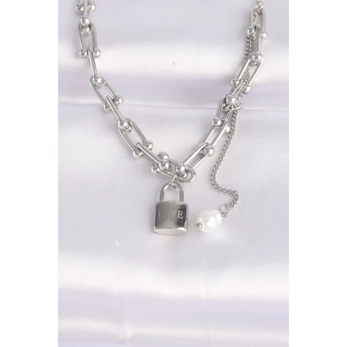 316L Çelik Zincir Gümüş Renk Zincirli Love Yazılı Kilit Kolye