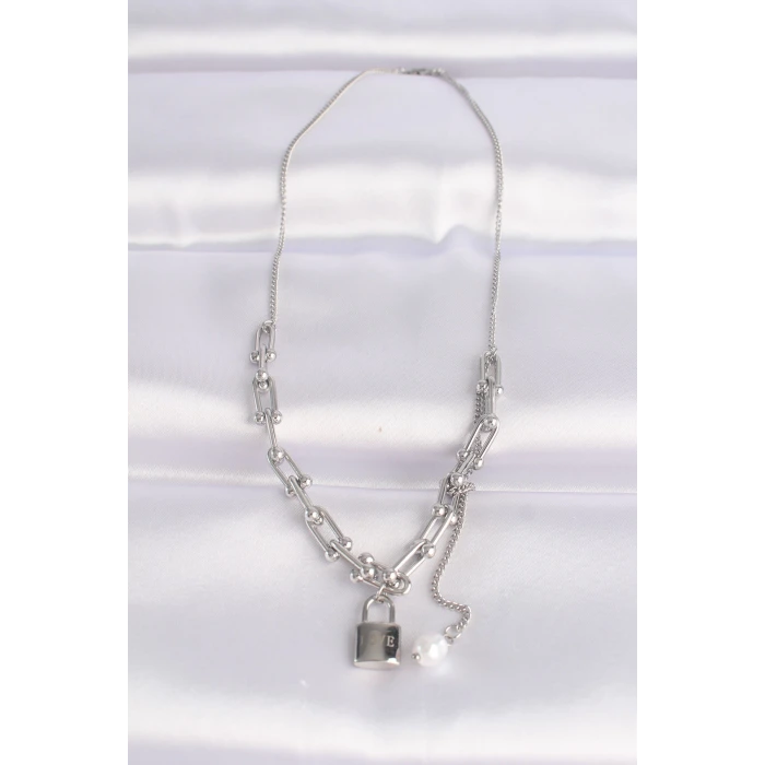 316L Çelik Zincir Gümüş Renk Zincirli Love Yazılı Kilit Kolye