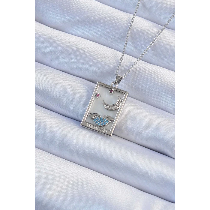 316L Çelik Zincir Gümüş Renk Zirkon Taşlı Ay Figürlü Tarot Kolye