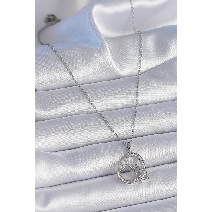 316L Çelik Zincir Gümüş Renk Zirkon Taşlı Kalp Model Melek Detay Kadın Kolye