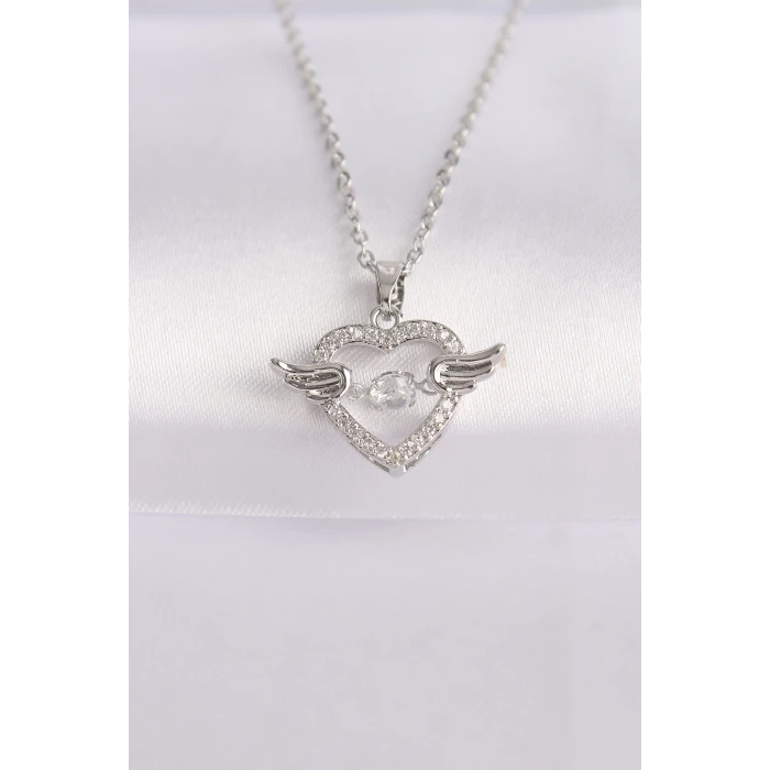 316L Çelik Zincir Gümüş Renk Zirkon Taşlı Kanatlı Kalp Kolye