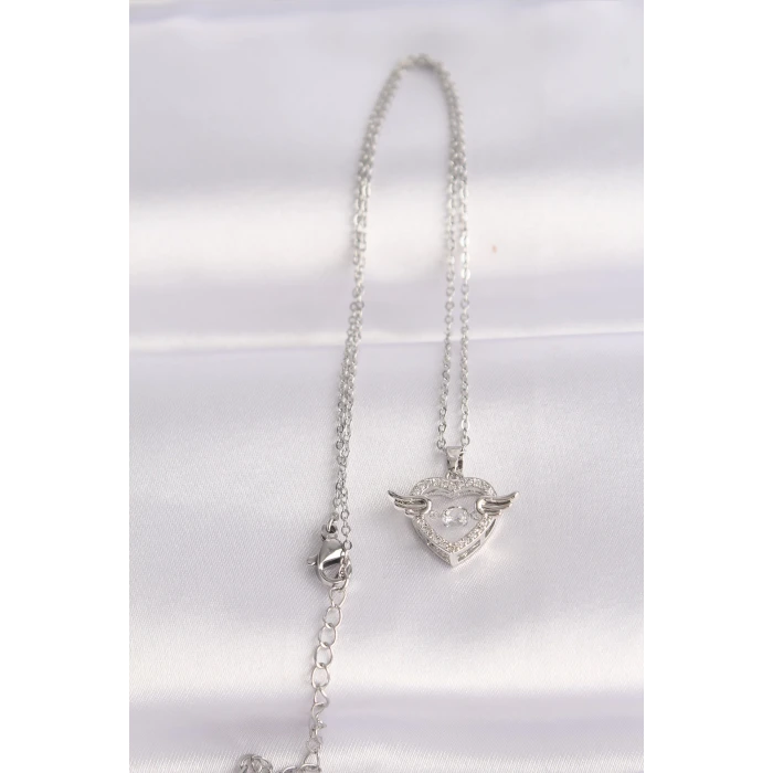 316L Çelik Zincir Gümüş Renk Zirkon Taşlı Kanatlı Kalp Kolye