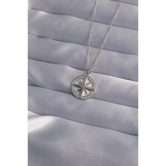 316L Çelik Zincir Gümüş Renk Zirkon Taşlı Kutup Yıldızı Kolye