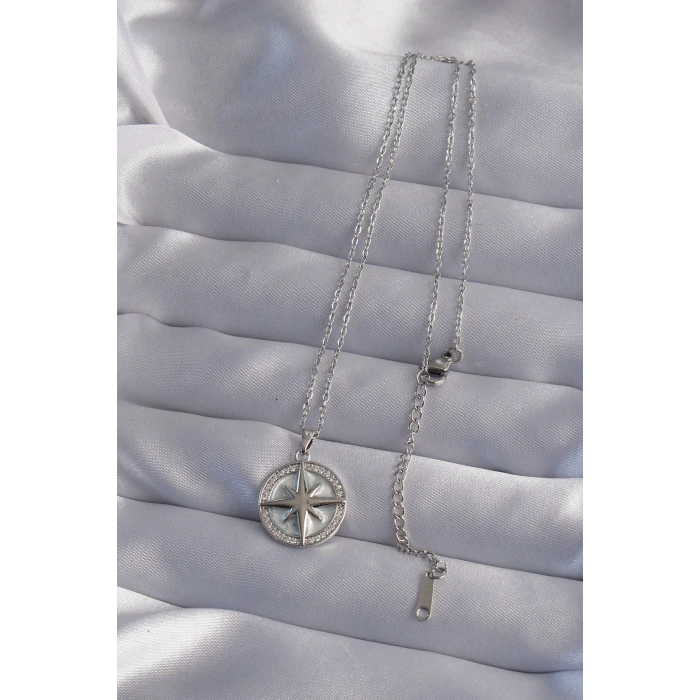 316L Çelik Zincir Gümüş Renk Zirkon Taşlı Kutup Yıldızı Kolye