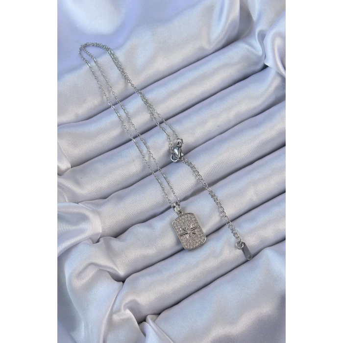 316L Çelik Zincir Gümüş Renk Zirkon Taşlı Kutup Yıldızlı Vintage Kolye
