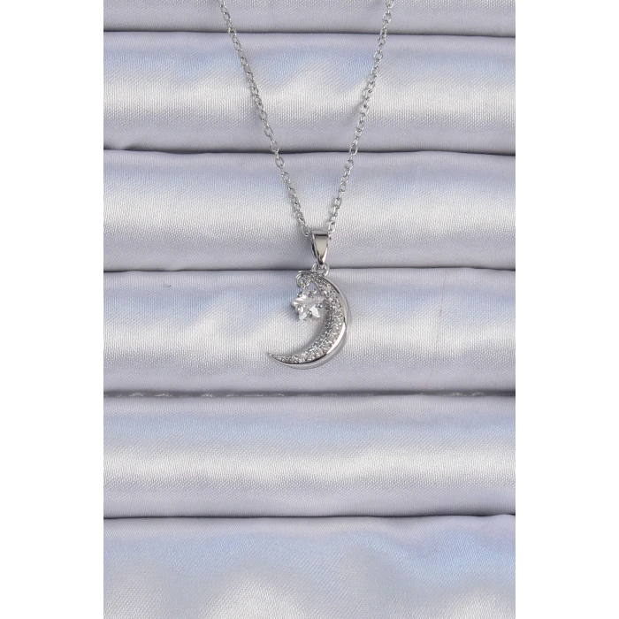 316L Çelik Zincir Gümüş Renk Zirkon Taşlı Sallantılı Ay Yıldız Kolye