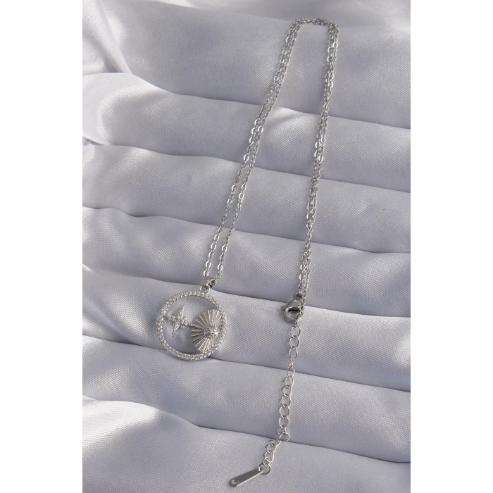 316L Çelik Zincir Gümüş Renk Zirkon Taşlı Yıldız Figürlü Oval Kolye