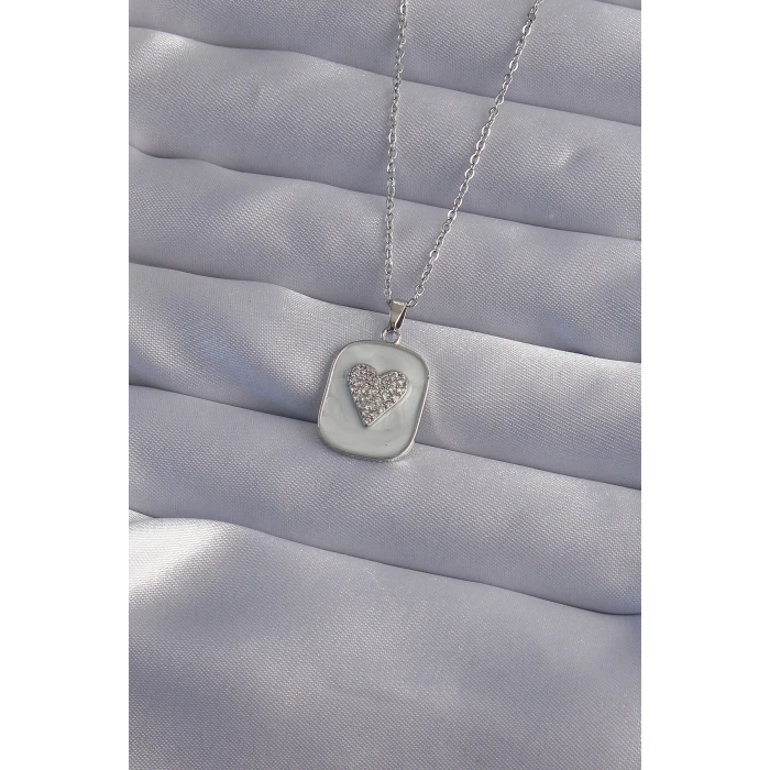 316L Çelik Zincir Mermer Desenli Gümüş Renk Zirkon Taşlı Kalp Model Kolye
