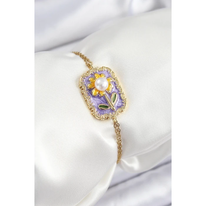 316L Çelik Zincir Mor Mineli Sanatsal Portre İnci Detaylı Papatya Model Gold Renk Kadın Bileklik