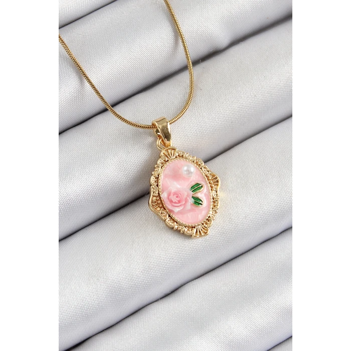 316L Çelik Zincir Pembe Sanatsal Portre İnci Detaylı Gül Figürlü Model Gold Renk Kadın Kolye