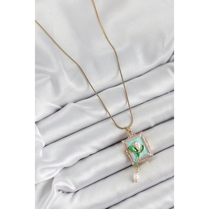 316L Çelik Zincir Turkuaz Sanatsal Portre Sallantılı İnci Detaylı Lale Model Gold Renk Kadın Kolye