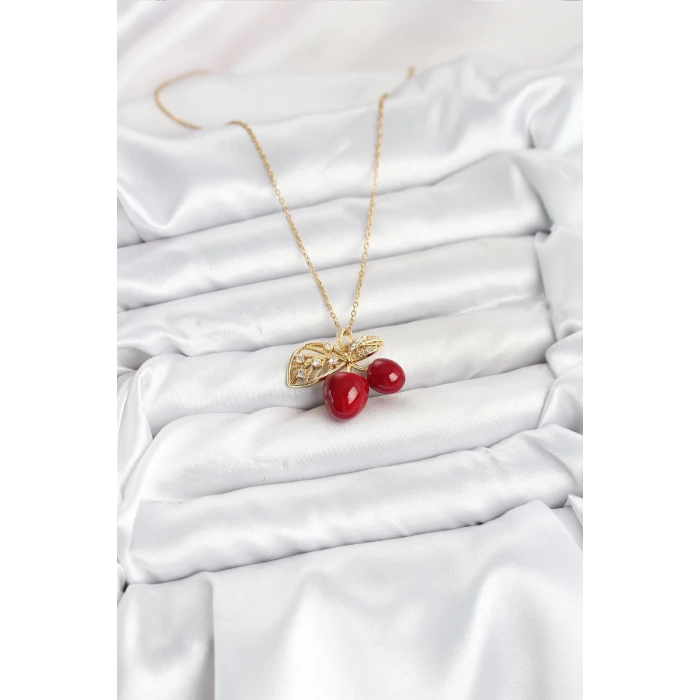 316L Çelik Zincir Yapraklı Kiraz Model Gold Renk Kadın Kolye