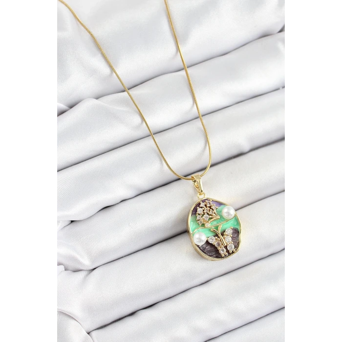 316L Çelik Zincir Zirkon Taşlı Yeşil Mor Sanatsal Portre İnci Detaylı Ağaç Ve Kelebek Figürlü Model Gold Renk Kadın Kolye