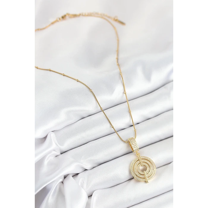 316L Çelik Zirkon Taşlı Çember Model Gold Renk Kadın Kolye