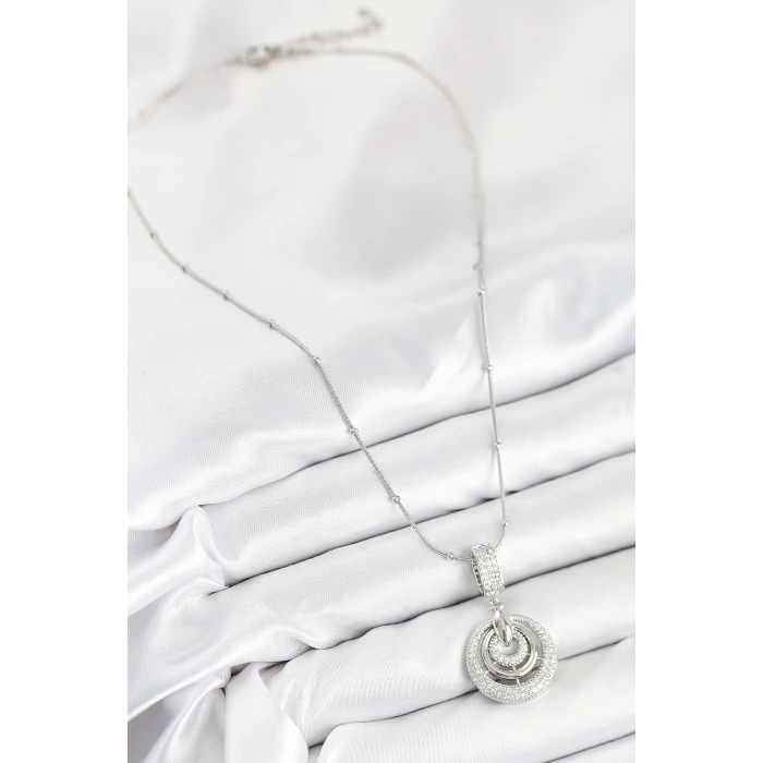 316L Çelik Zirkon Taşlı Çember Model Gümüş Renk Kadın Kolye