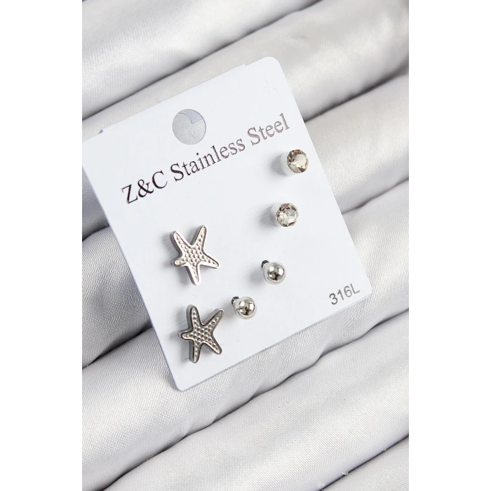 316L Çelik Zirkon Taşlı Deniz Yıldızı Model Gümüş Renk Kadın Set Küpe