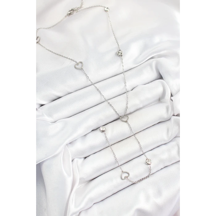 316L Çelik Zirkon Taşlı Kalp Figürlü Y Model Gümüş Renk Kadın Kolye