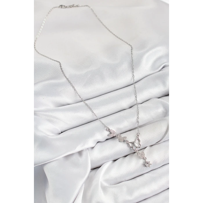 316L Çelik Zirkon Taşlı Kelebek Model Gümüş Renk Kadın Kolye