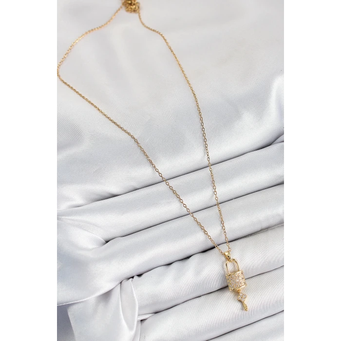 316L Çelik Zirkon Taşlı Kilit Ve Sallantılı Anahtar Model Gold Renk Kadın Kolye