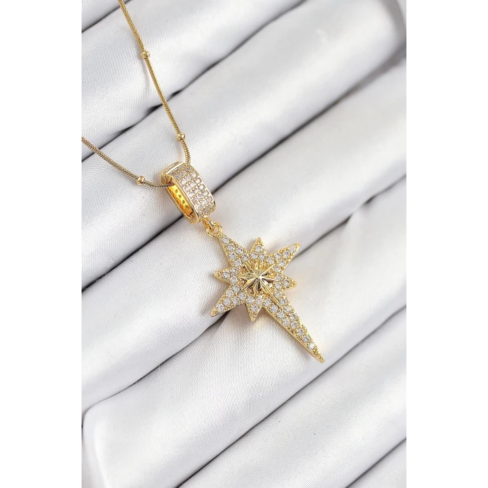 316L Çelik Zirkon Taşlı Kutup Yıldızı Model Gold Renk Kadın Kolye