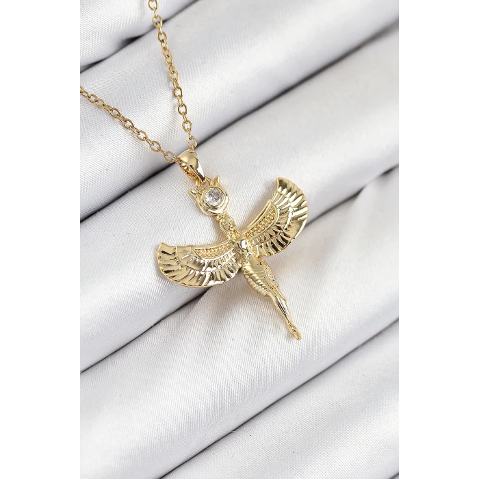 316L Çelik Zirkon Taşlı Melek Model Gold Renk Kadın Kolye