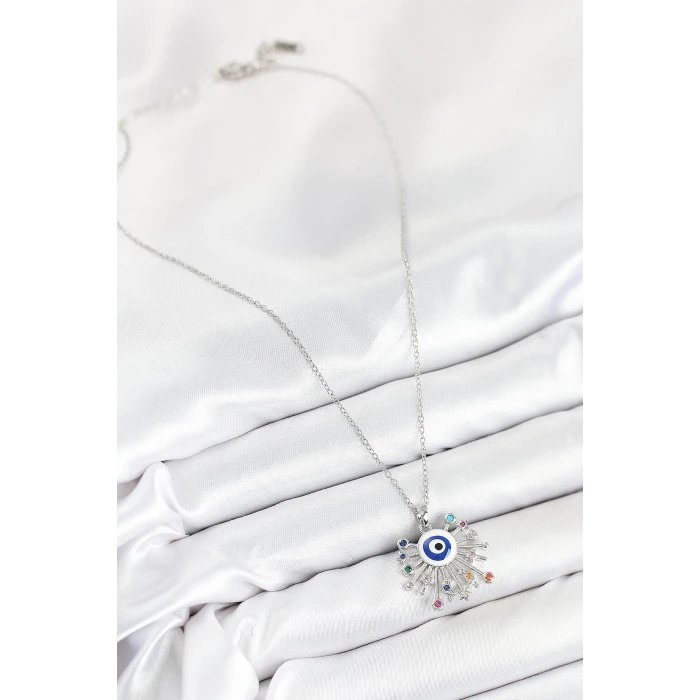 316L Çelik Zirkon Taşlı Nazar Model Gümüş Renk Kadın Kolye