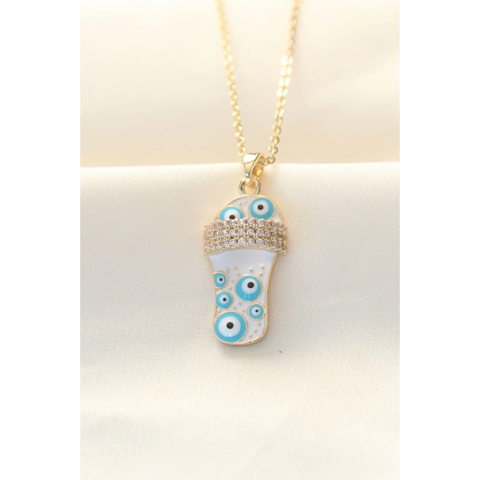 316L Zinciri Çelik Zirkon Taşlı Gold Renk Nazar Boncuklu Terlik Kolye