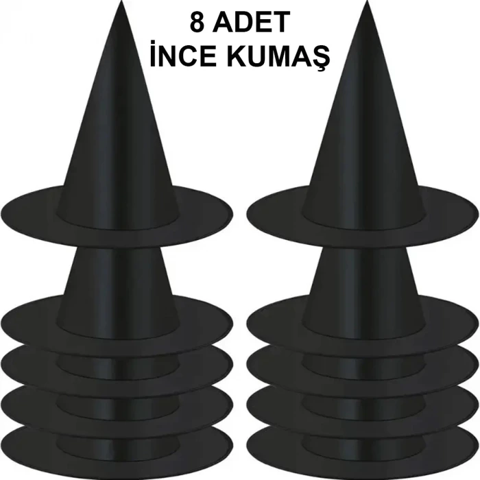 8 Adet Siyah Cadı Şapkası – Yetişkin  Çocuk Kostüm Aksesuarı