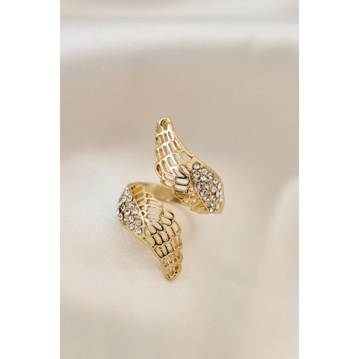 Ayarlamalı Gold Renk Metal Zirkon Taşlı Kanat Yüzük